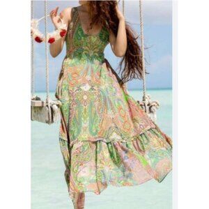 MNG Mango Paisley Maxi Dress Green Boho Sleeveless Tiered Summer Size S